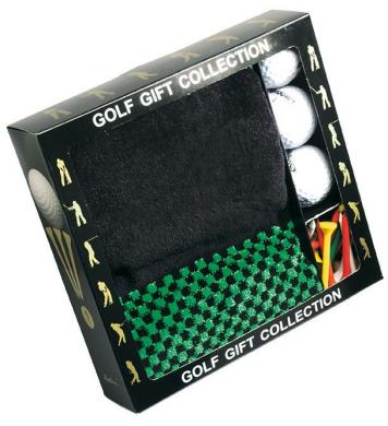 Geschenk-Set mit Putztuch, drei Golfbällen und Holztees Geschenk-Set mit Putztuch, drei Golfbällen und Holztees